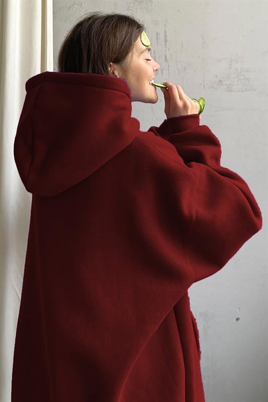 Bordo Kapüşonlu Şardonlu Oversize Sweatshirt MG1566
