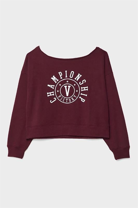 Bordo Kayık Yaka Baskılı Kadın Sweatshirt MG2205