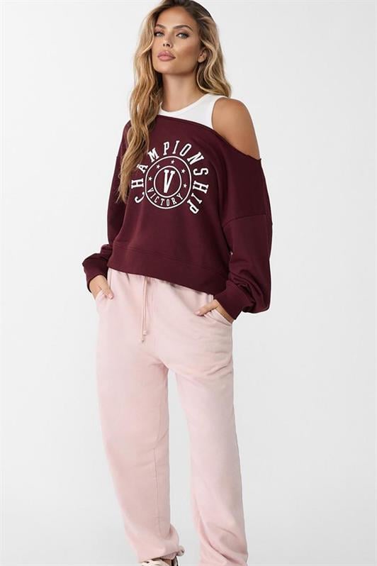 Bordo Kayık Yaka Baskılı Kadın Sweatshirt MG2205