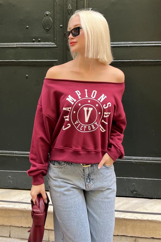 Bordo Kayık Yaka Baskılı Kadın Sweatshirt MG2205