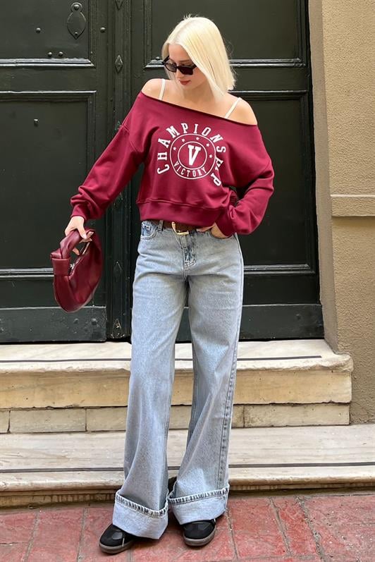 Bordo Kayık Yaka Baskılı Kadın Sweatshirt MG2205
