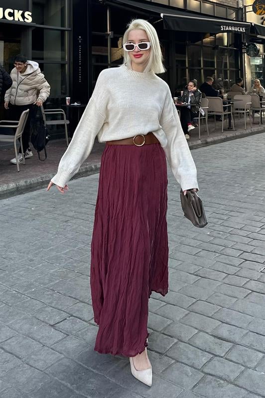 Bordo Kırışık Desen Midi Boy Kadın Etek MG2266