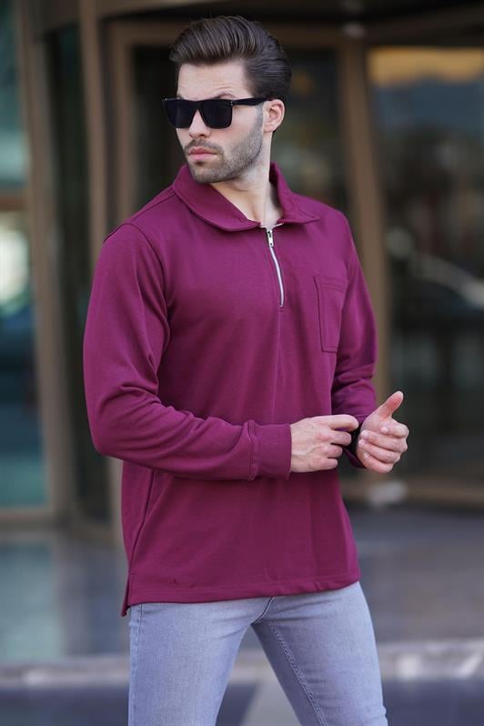 Bordo Polo Yaka Fermuarlı Uzun Kollu Erkek Sweatshirt 7057