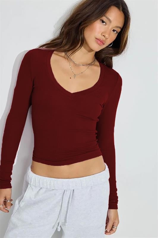 Bordo V Yaka Uzun Kollu Kaşkorse Body MG2192