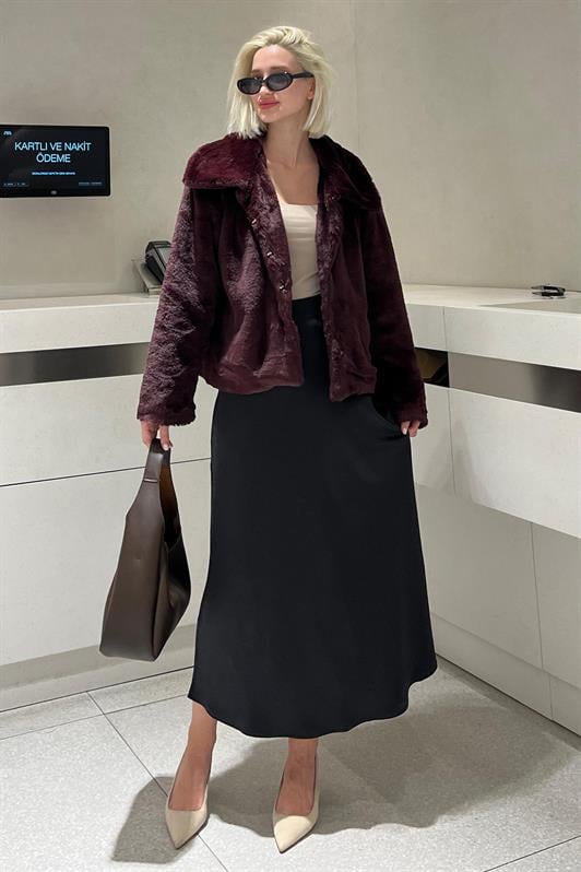 Bordo Yakalı Yumuşak Dokulu Astarlı Kadın Peluş Kürk MG2178