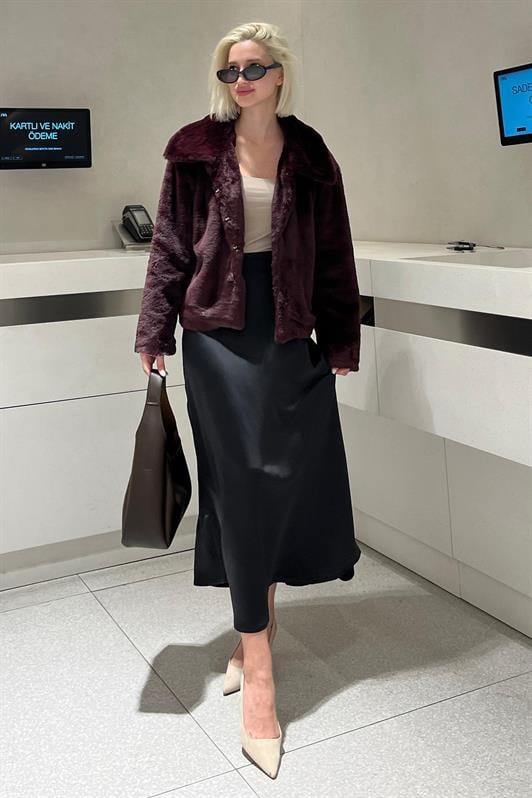 Bordo Yakalı Yumuşak Dokulu Astarlı Kadın Peluş Kürk MG2178