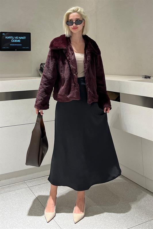 Bordo Yakalı Yumuşak Dokulu Astarlı Kadın Peluş Kürk MG2178