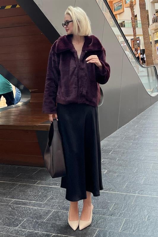 Bordo Yakalı Yumuşak Dokulu Astarlı Kadın Peluş Kürk MG2178