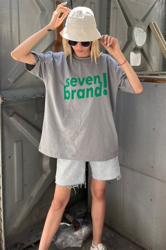 Boyalı Gri Baskılı Oversize Kadın Tişört MG1489