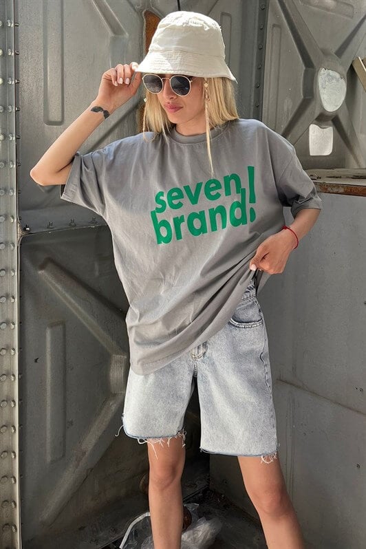 Boyalı Gri Baskılı Oversize Kadın Tişört MG1489