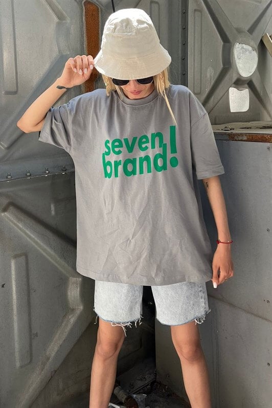 Boyalı Gri Baskılı Oversize Kadın Tişört MG1489