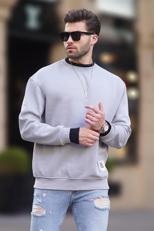 Boyalı Erkek Gri Bisiklet Yaka Oversize Şardonlu Arma Detaylı Erkek Sweatshirt 7043