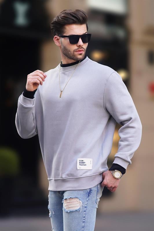 Boyalı Erkek Gri Bisiklet Yaka Oversize Şardonlu Arma Detaylı Erkek Sweatshirt 7043