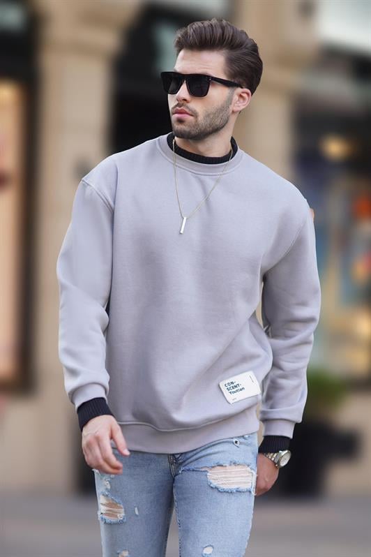 Boyalı Erkek Gri Bisiklet Yaka Oversize Şardonlu Arma Detaylı Erkek Sweatshirt 7043