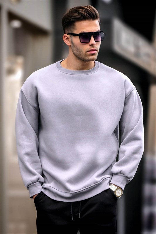 Boyalı Gri Bisiklet Yaka Oversize Şardonlu Basic Erkek Sweatshirt 6048