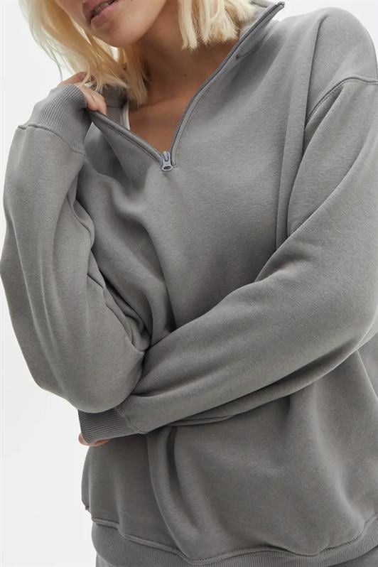 Boyalı Gri Fermuar Detaylı Oversize Kadın Sweatshirt MG1933