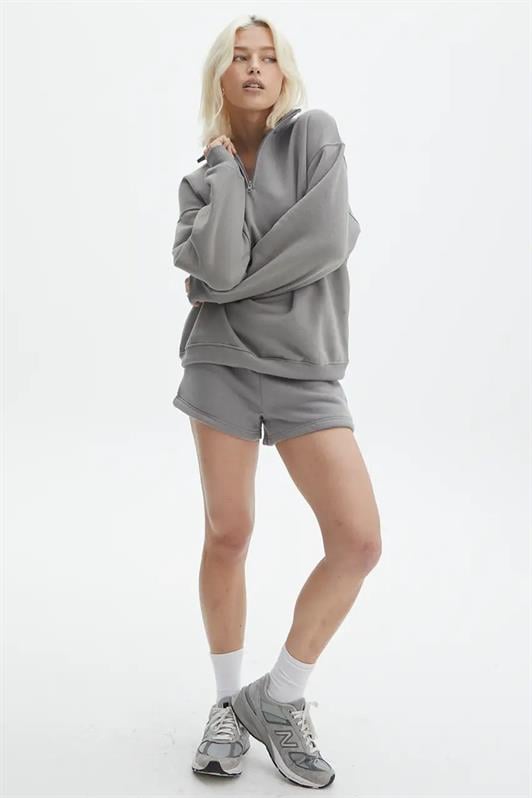 Boyalı Gri Fermuar Detaylı Oversize Kadın Sweatshirt MG1933