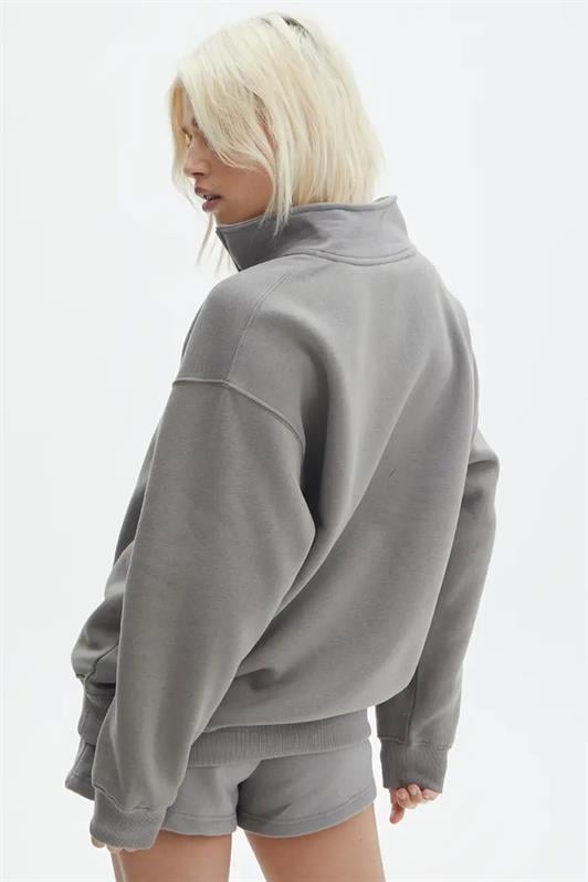 Boyalı Gri Fermuar Detaylı Oversize Kadın Sweatshirt MG1933