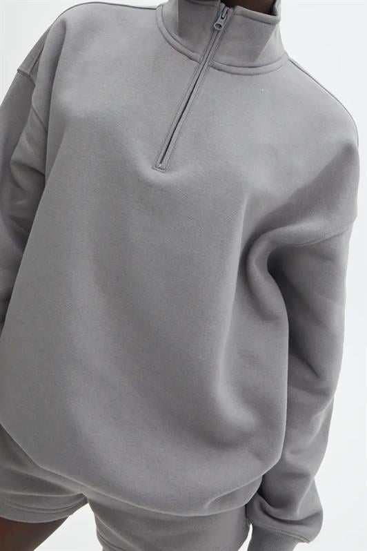 Boyalı Gri Fermuar Detaylı Oversize Kadın Sweatshirt MG1933
