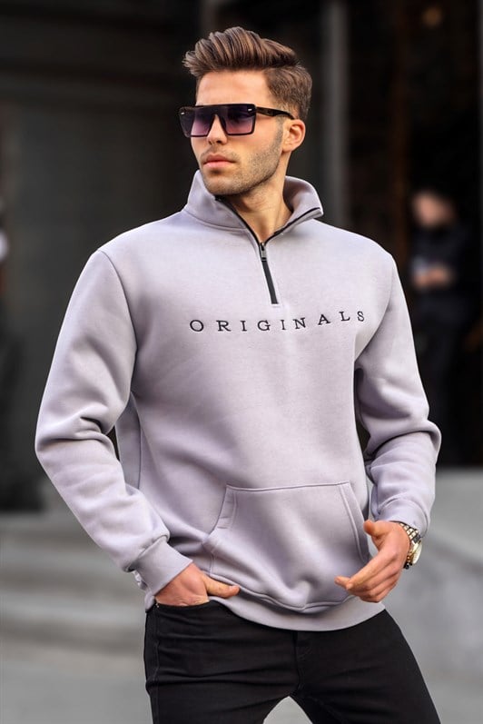 Boyalı Gri Fermuar Yaka Nakışlı Erkek Sweatshirt 6028