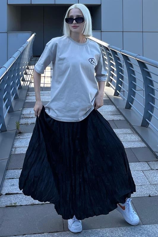 Boyalı Gri Oversize Sırt Baskılı Bisiklet Yaka Kısa Kollu Kadın Tişört MG2127