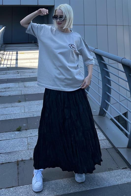 Boyalı Gri Oversize Sırt Baskılı Bisiklet Yaka Kısa Kollu Kadın Tişört MG2127