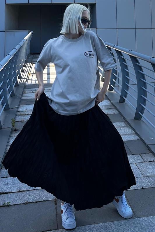 Boyalı Gri Oversize Sırt Baskılı Bisiklet Yaka Kısa Kollu Kadın Tişört MG2127