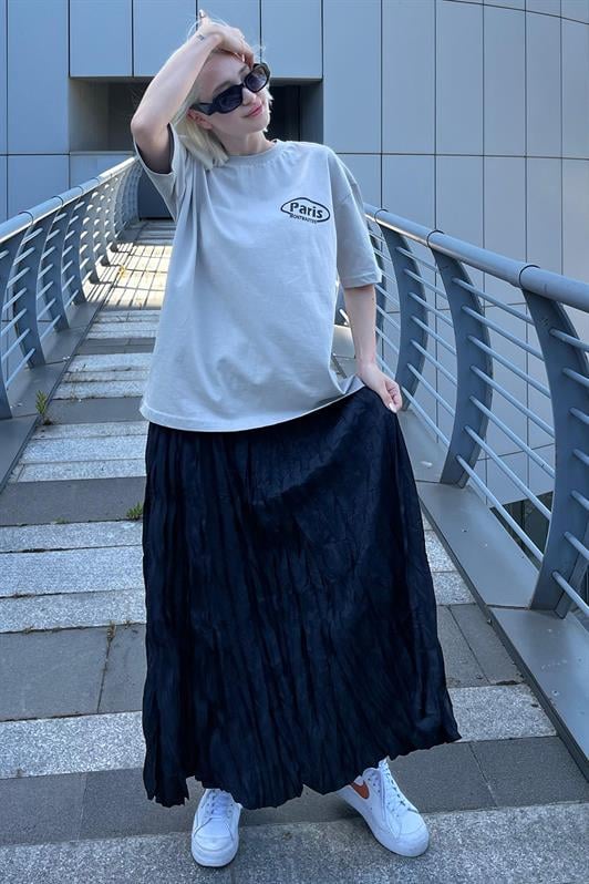 Boyalı Gri Oversize Sırt Baskılı Bisiklet Yaka Kısa Kollu Kadın Tişört MG2127