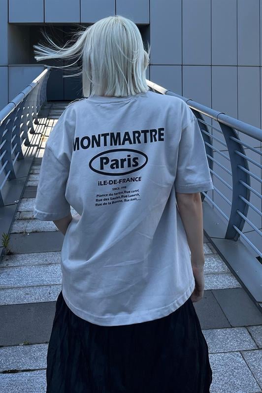 Boyalı Gri Oversize Sırt Baskılı Bisiklet Yaka Kısa Kollu Kadın Tişört MG2127