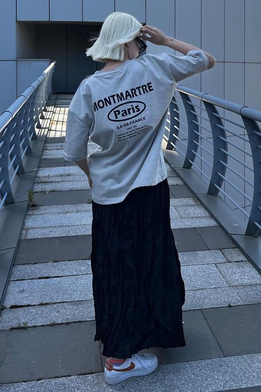 Boyalı Gri Oversize Sırt Baskılı Bisiklet Yaka Kısa Kollu Kadın Tişört MG2127