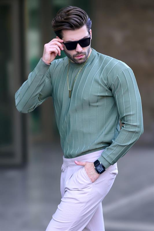 Çağla Yeşili Erkek Bisiklet Yaka Çizgili Uzun Kollu Kazak 7244