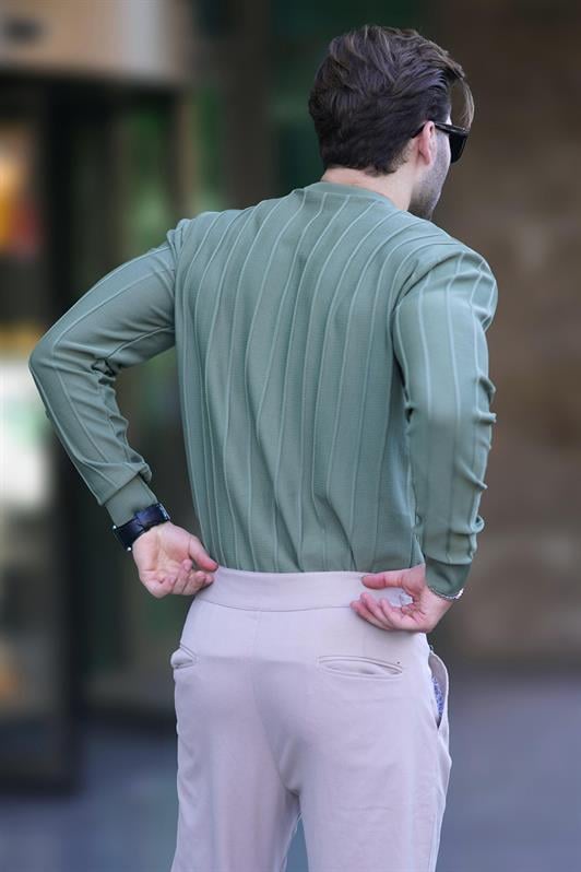 Çağla Yeşili Erkek Bisiklet Yaka Çizgili Uzun Kollu Kazak 7244