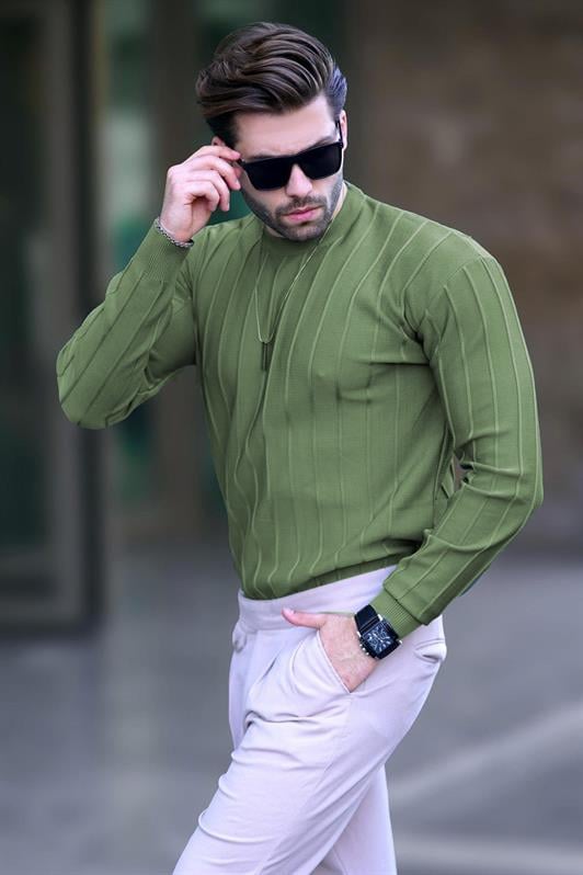 Çağla Yeşili Erkek Bisiklet Yaka Çizgili Uzun Kollu Kazak 7244