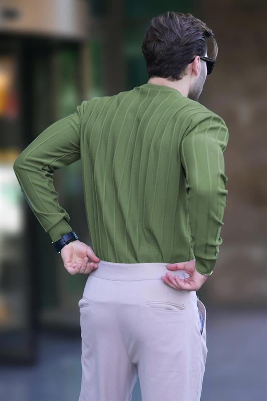 Çağla Yeşili Erkek Bisiklet Yaka Çizgili Uzun Kollu Kazak 7244