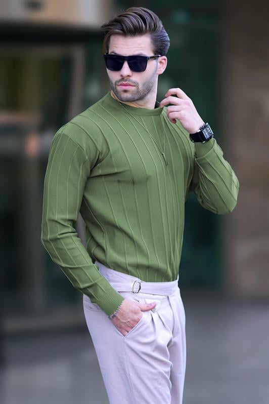 Çağla Yeşili Erkek Bisiklet Yaka Çizgili Uzun Kollu Kazak 7244