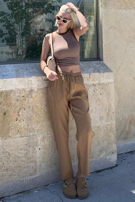 Camel Kadın Ayarlanabilir Bel Rahat Kesim Pantolon MG2161