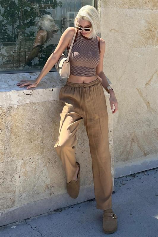 Camel Kadın Ayarlanabilir Bel Rahat Kesim Pantolon MG2161
