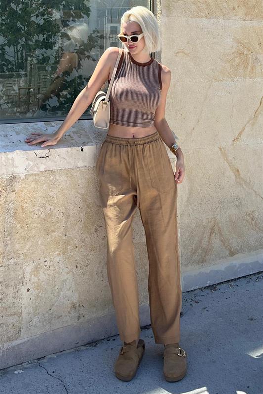Camel Kadın Ayarlanabilir Bel Rahat Kesim Pantolon MG2161