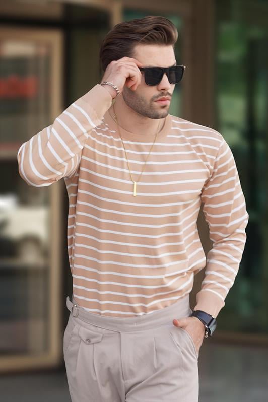 Camel Bisiklet Yaka Çizgili Erkek Kazak 7241