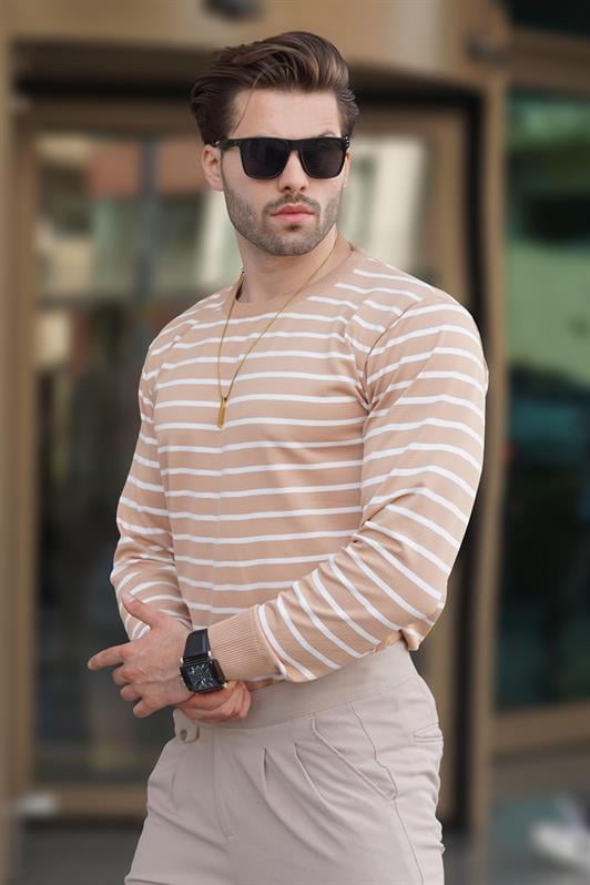 Camel Bisiklet Yaka Çizgili Erkek Kazak 7241