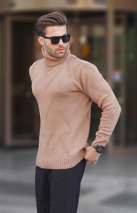 Camel Erkek Boğazlı Uzun Kollu Desenli Örme Kazak 7279