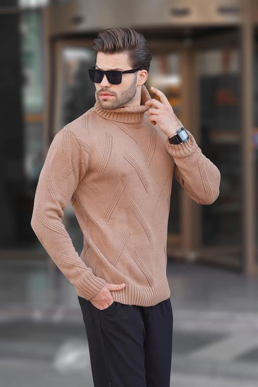 Camel Erkek Boğazlı Uzun Kollu Desenli Örme Kazak 7279