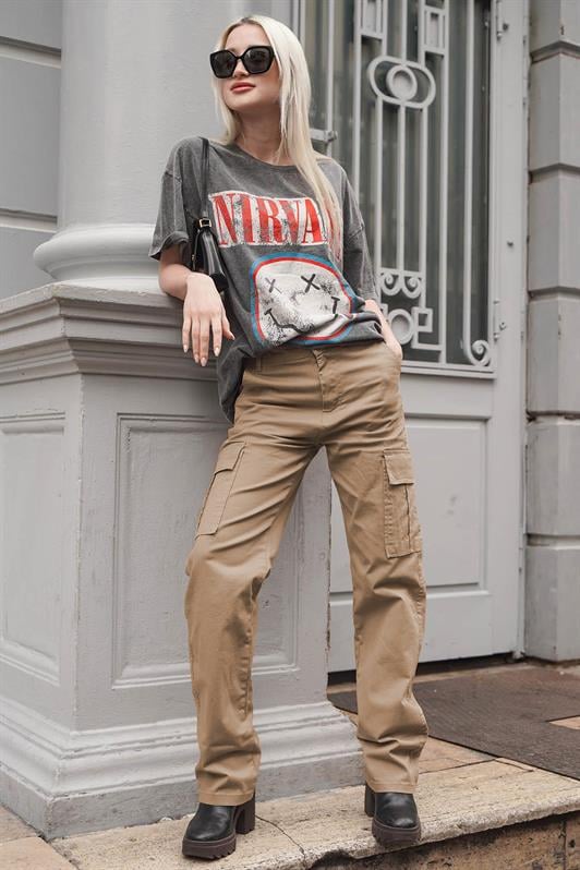 Camel Cep Detaylı Kadın Kargo Pantolon MG1602