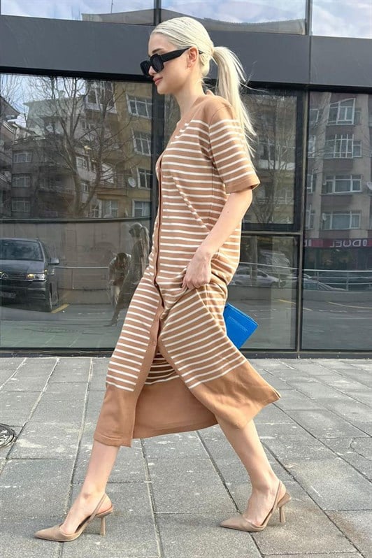 Camel Düğmeli Triko Kadın Elbise MG1648