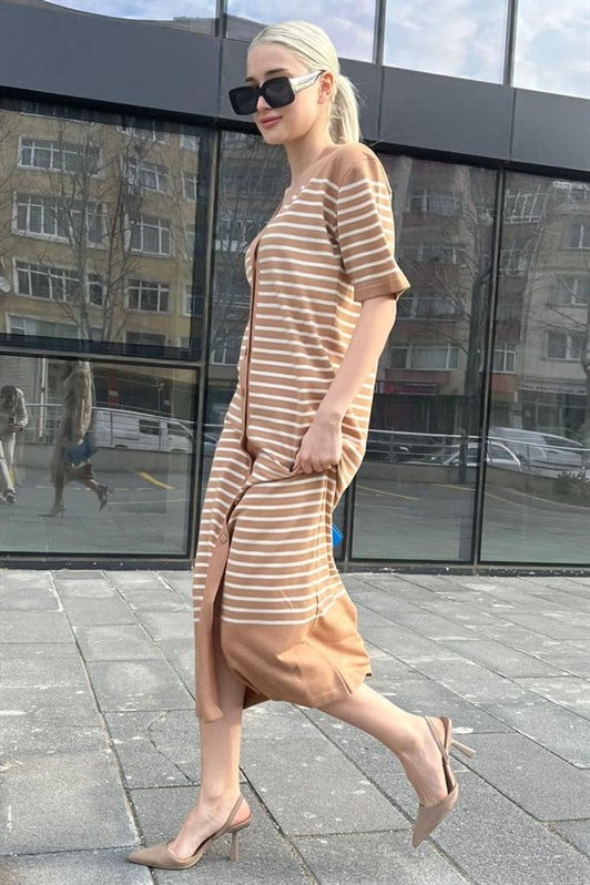 Camel Düğmeli Triko Kadın Elbise MG1648