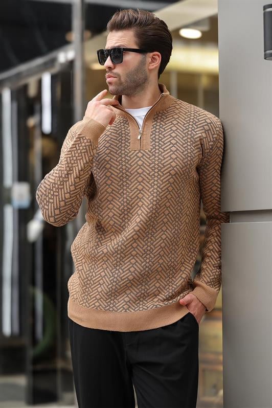 Camel Fermuar Yaka Uzun Kollu Desenli Örme Kazak E7287