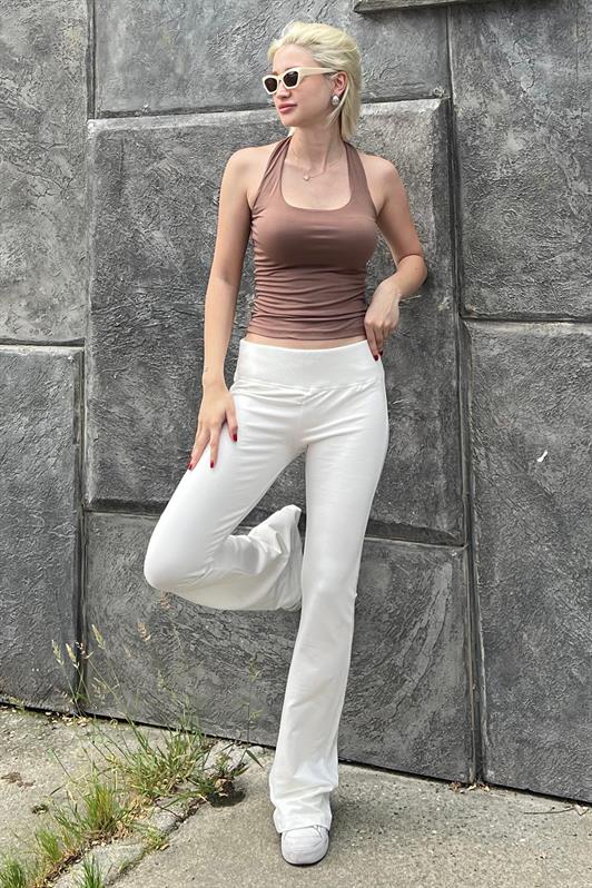 Ekru Beli Fitilli Yüksek Bel İspanyol Paça Kadın Pantolon MG2096