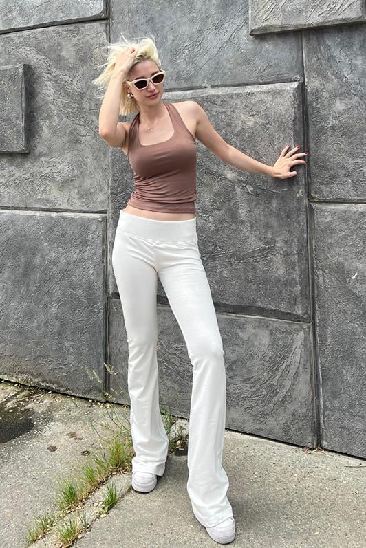 Ekru Beli Fitilli Yüksek Bel İspanyol Paça Kadın Pantolon MG2096