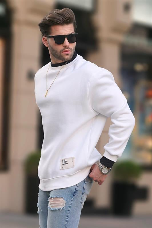 Ekru Erkek Bisiklet Yaka Oversize Şardonlu Arma Detaylı Erkek Sweatshirt 7043