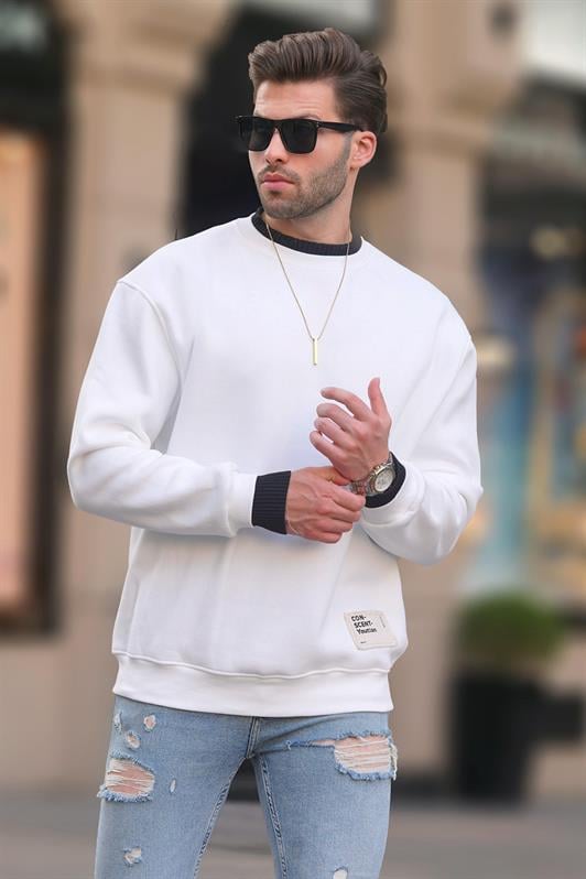 Ekru Erkek Bisiklet Yaka Oversize Şardonlu Arma Detaylı Erkek Sweatshirt 7043